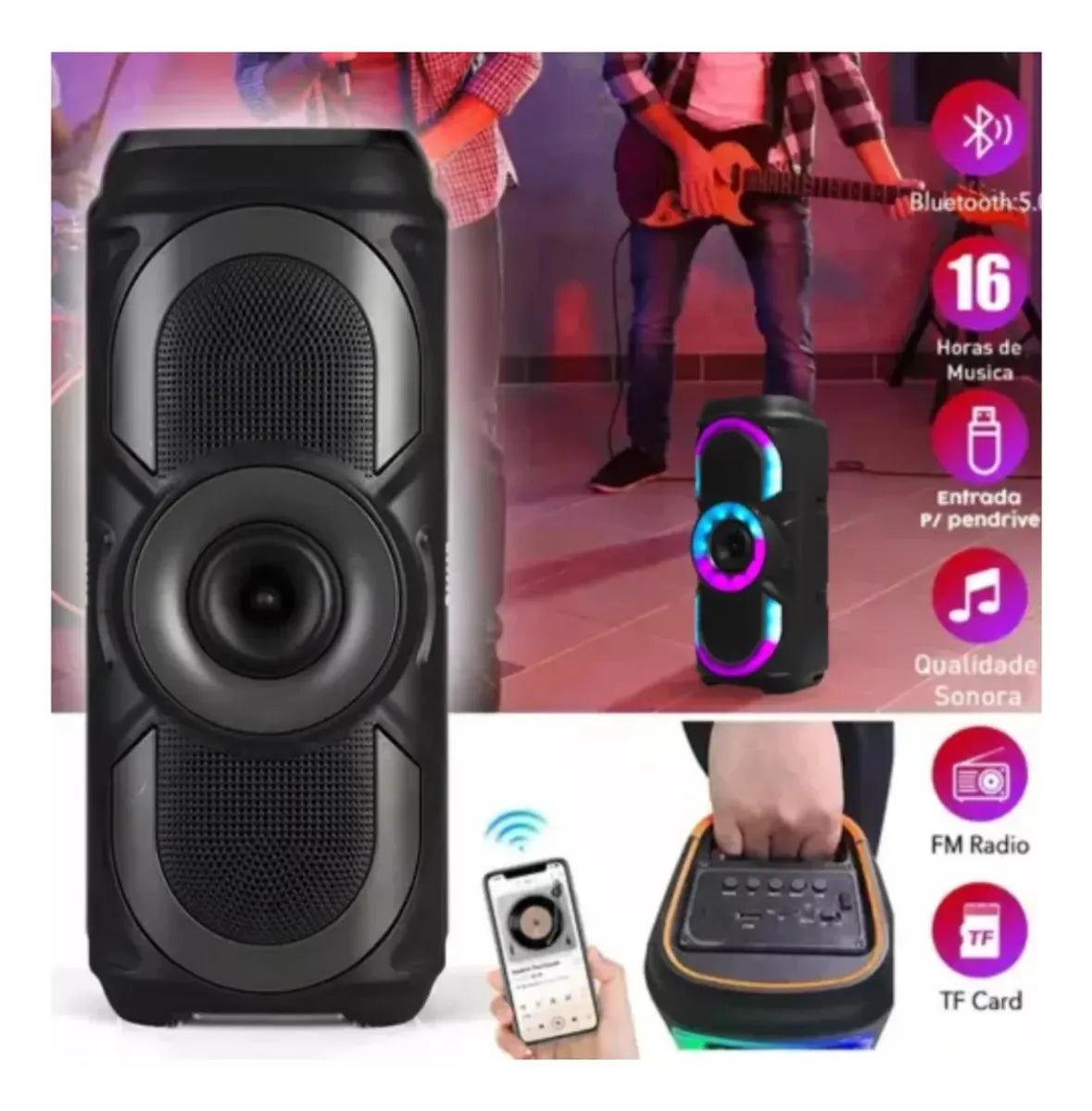 Caixa de Som Bluetooth H’Maston QS06 com LED RGB – Som Potente e Iluminação Colorida