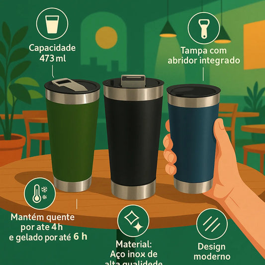 Copo Térmico 473ml com Tampa e Abridor – Bebidas Geladas por Mais Tempo