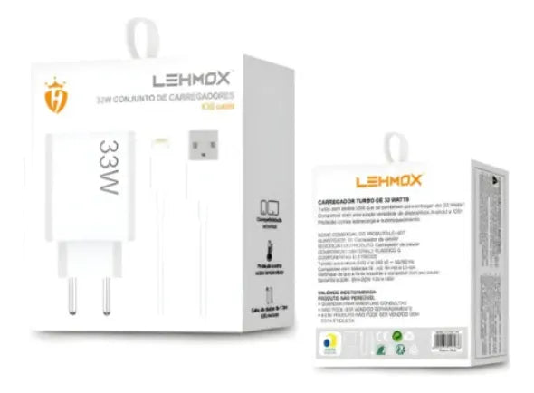 Carregador Turbo 33W PD USB + Cabo Lightning 1M Lehmox LE-407 iOS