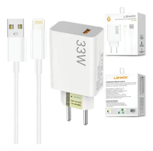 Carregador Turbo 33W PD USB + Cabo Lightning 1M Lehmox LE-407 iOS