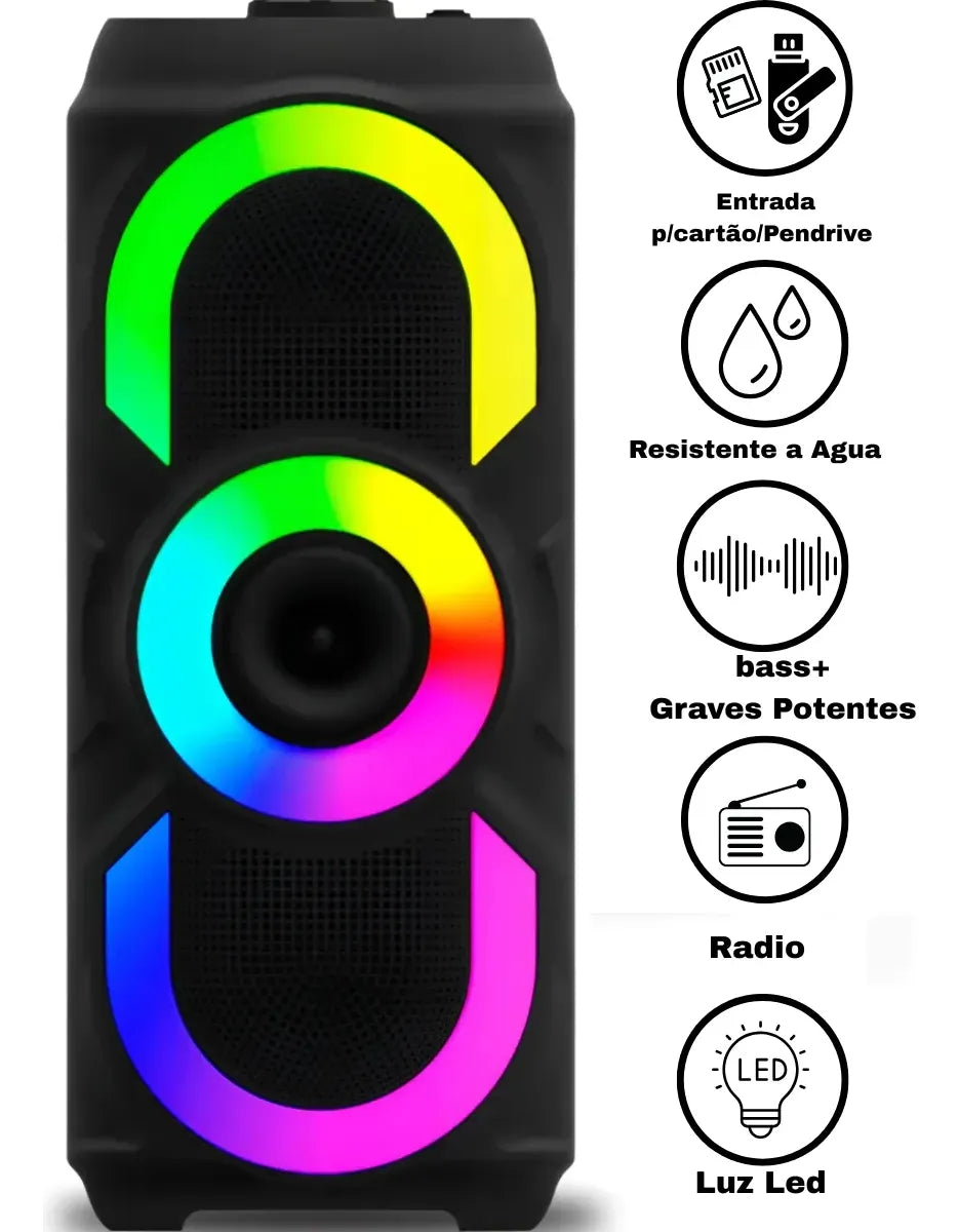 Caixa de Som Bluetooth H’Maston QS06 com LED RGB – Som Potente e Iluminação Colorida