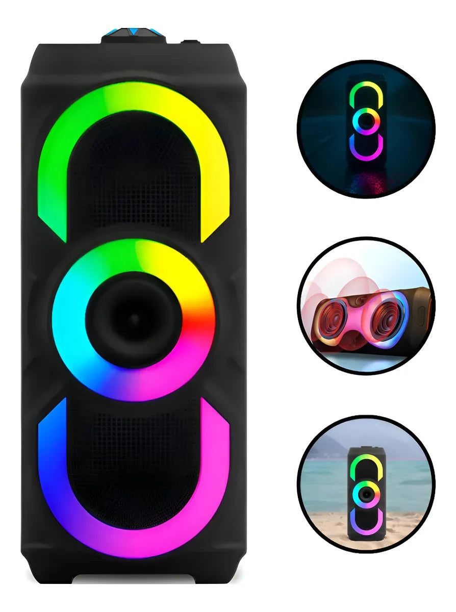 Caixa de Som Bluetooth H’Maston QS06 com LED RGB – Som Potente e Iluminação Colorida